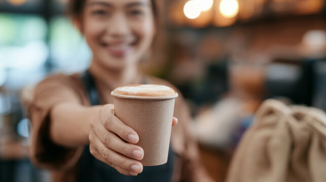 Friendly barista preparing coffee in a welcoming cafe filled with warmth and a cheerful smile
