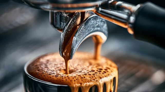 Detailed view of the espresso brewing process showcasing a creamy layer in a high end coffee maker