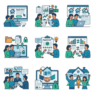 Mortgage application process icons illustrate the steps of buying a home.