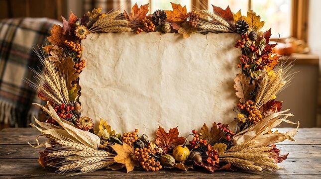 Autumnal floral frame with pampas grass and dried flowers on wood