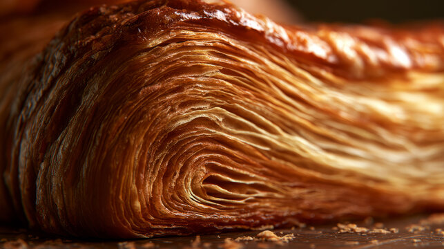 Detailed close up of a flaky croissant highlighting its delicious golden layers and rich texture