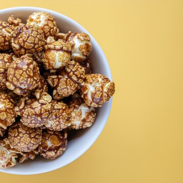 Caramel Popcorn in a White Bowl on Yellow Background.