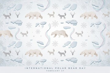 Fototapeta premium International polar bear day pattern with white bears, arctic foxes, reindeer, snowflakes, and ice floes on a light blue winter background