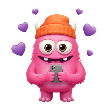 Cute pink monster character wearing a beanie using a smartphone