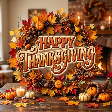 Festive thanksgiving scene with pumpkins autumn leaves and warm lighting