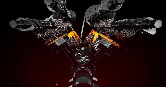 Fast V8 engine sports car driving on digital road zoom into active motor. Detailed 3D render of active V8 engine animation.