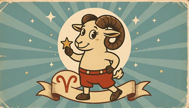Cartoon Ram astrology illustration with banner and stars.