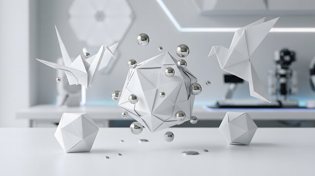3D origami paper birds and geometric shapes floating with metallic silver spheres