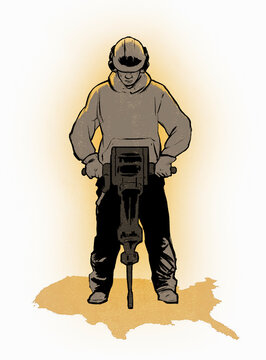 Worker using pneumatic drill on USA map
