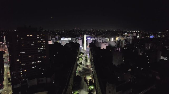 4K drone aerial view of the Obelisk and Corrientes Avenue in Buenos Aires, Argentina at night. The city&rsquo;s most iconic landmark surrounded by illuminated streets and vibrant urban life.