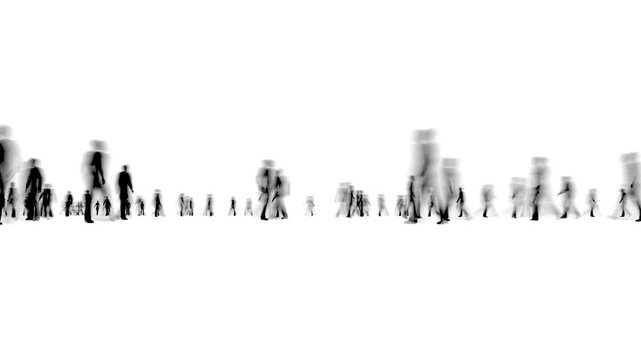Crowd of blur people walking on white bg 4k