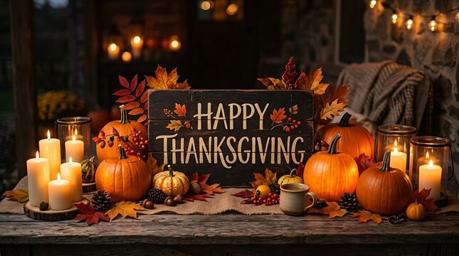 Warm thanksgiving still life with candles pumpkins and festive decorations