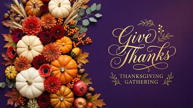 Autumn harvest arrangement with pumpkins and calligraphy thanksgiving greeting