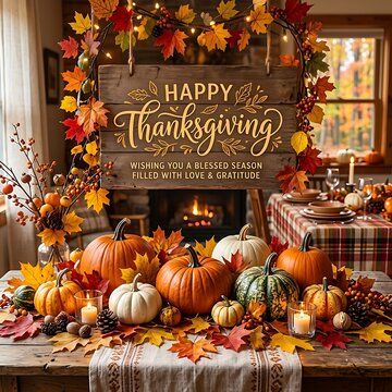 Warm thanksgiving table setting with pumpkins and fall decorations