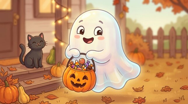 Cute cartoon ghost holding jack o lantern with candies on porch steps