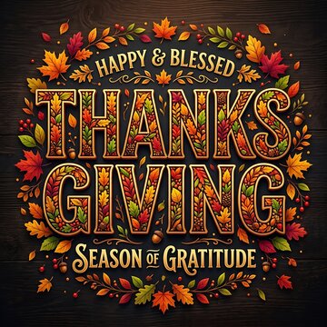Happy thanksgiving floral lettering with autumn leaves and wood background