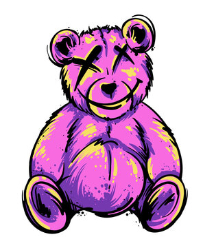 Colorful purple teddy bear with bold graffiti style shading and playful X eyes
