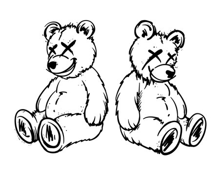 Pair of cute teddy bears with expressive X eyes and sketchy graphic outlines
