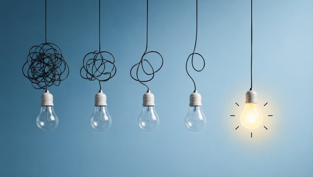 Problem solving innovation process concept with tangled lightbulb cords unraveling into clear glowing idea on blue background