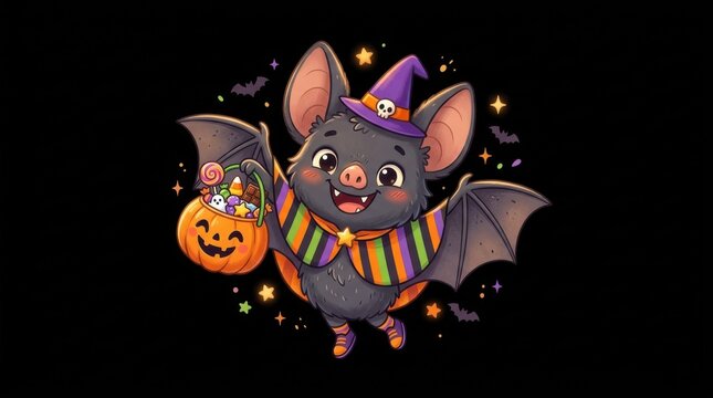 Cute halloween bat character with jack o lantern and colorful scarf