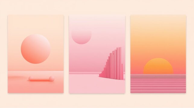 Minimalist abstract poster set with soft gradient sunrise and geometric shapes in pastel peach