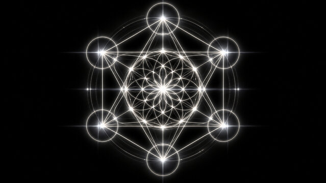 Glowing Metatron Cube sacred geometry. Abstract spiritual symbol with bright light flares.