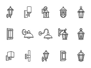 Set of various outdoor and indoor wall mounted light fixtures and lanterns in a clean line art style © MDAminur