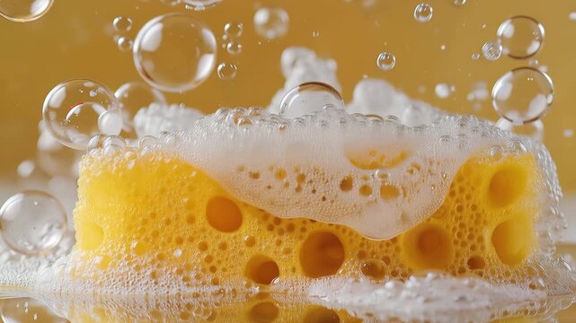 Sponge with soap bubbles, cleaning, detergents