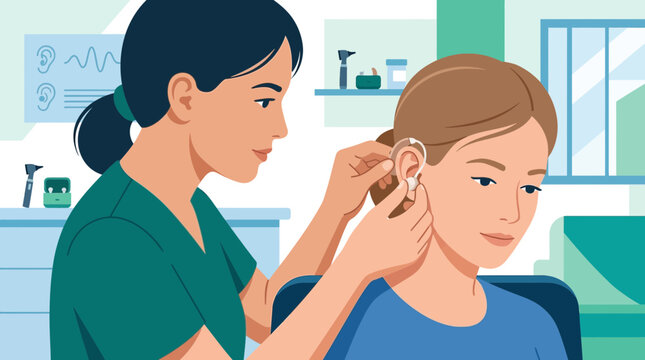 Audiologist fits hearing aid on patient, ear care concept