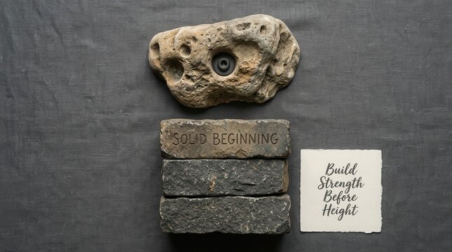 Inspiring flat lay featuring a rock climbing hold and stacked bricks with engraved text about solid beginnings and building strength before height for sports and personal growth concepts in life. Fast