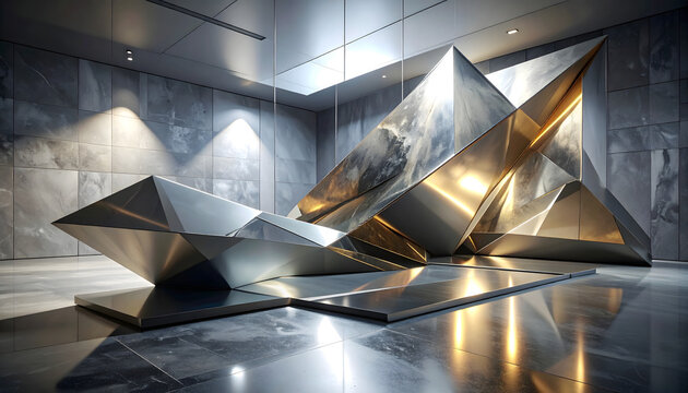 Modern Geometric Metallic Structure Backdrop in High-End Corporate Entrance and Exhibition Space