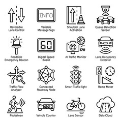Fototapeta premium Sixteen black and white line depicting smart transportation and intelligent road infrastructure monitoring and management technologies