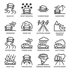Obraz premium Sixteen black and white line illustrating various hazardous weather conditions and road safety warnings for drivers and commuters