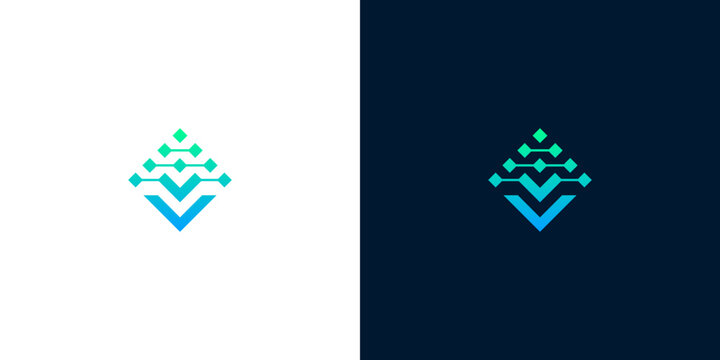 Abstract letter V technology logo design with digital network data and arrow growth elements