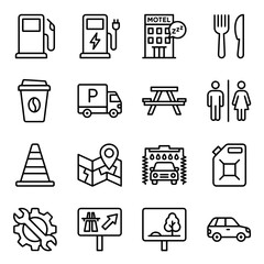 Fototapeta premium Collection of sixteen transportation and road service featuring black line symbols on a white background, for travel navigation maps