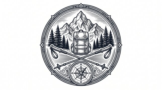 Vintage mountain hiking emblem, circular outdoor adventure badge with backpack and trekking poles, rustic wilderness exploration logo