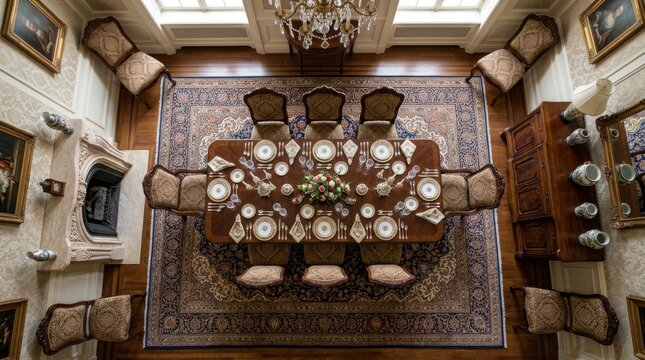 High angle top view of a luxurious classical dining room with elegant table setting and antique furniture