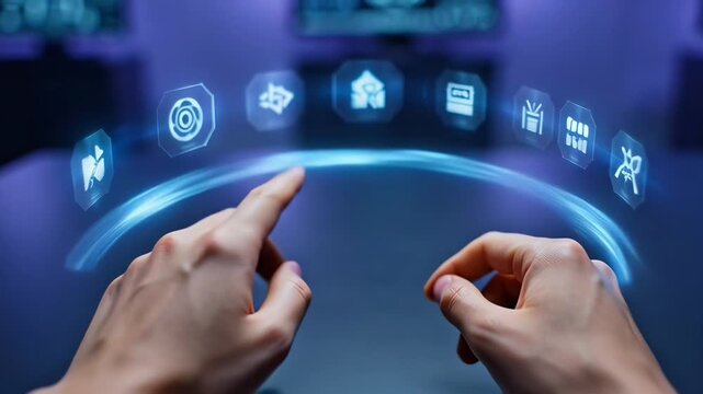 ?Interactive augmented reality: hands engaging with floating digital icons in hightech environment