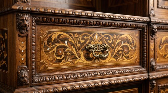 Close-up of Exquisite Antique Wooden Cabinet Drawer with Intricate Marquetry and Ornate Brass Handle