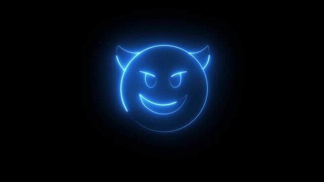 Neon devil icon animation. Glow neon demon emoticon. devil with grin face ,mockery emoticon ,cute demon icon 4k