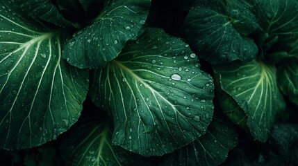 Obraz premium Fresh green cabbage leaves covered in glistening morning dew drops capture the organic beauty of vibrant nature in macro detail