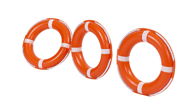 Three orange life preservers with white rope and bands