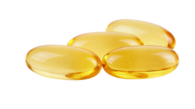 Four translucent yellow oval softgel capsules with oil inside
