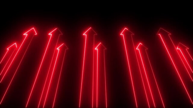 Red and blue glowing neon up arrow Light abstract motion digital data arrow growing up particles flying upward black background animation.