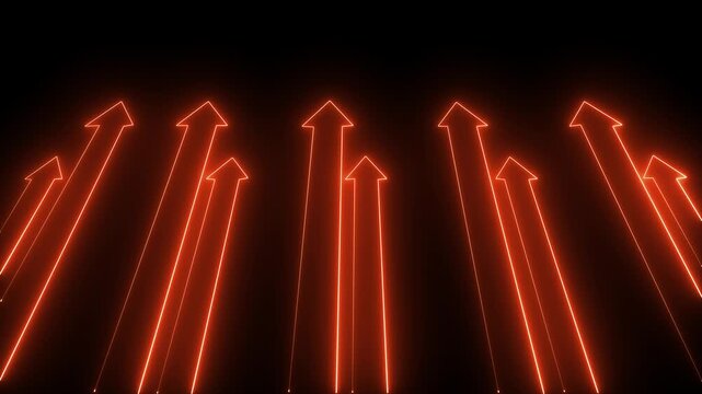 Red and blue glowing neon up arrow Light abstract motion digital data arrow growing up particles flying upward black background animation.