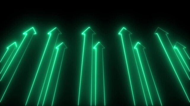 Red and blue glowing neon up arrow Light abstract motion digital data arrow growing up particles flying upward black background animation.
