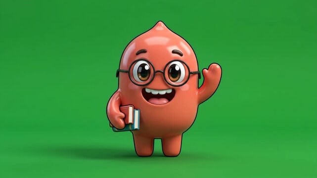Cute 3D cartoon character with glasses holding books and waving, representing education and learning.