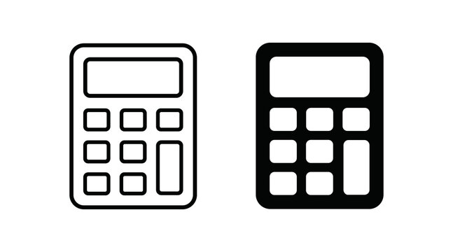 Calculator icon set with arithmetic calculator symbols in outline and solid styles. Math and calculation tools for dashboards, app and web interfaces
