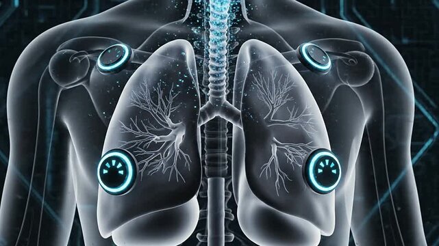 Futuristic Smart Breathing Monitor Concept Featuring Transparent Chest and Animated Lungs Displaying Health Technology Interface