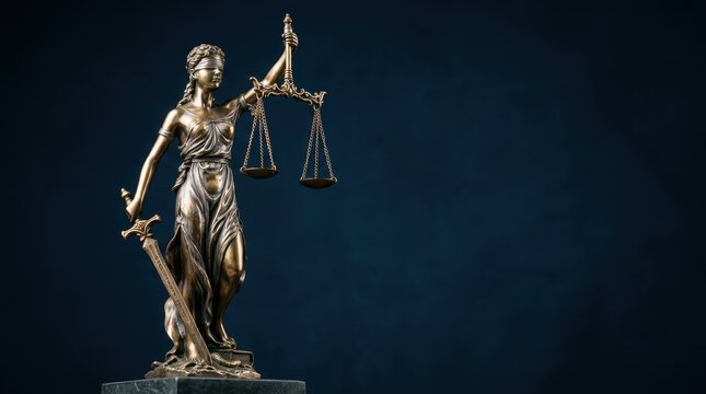 Bronze Lady Justice statue holding balanced scales and a sword against a dark background representing legal integrity and fair judgment within the judicial system for law firms and